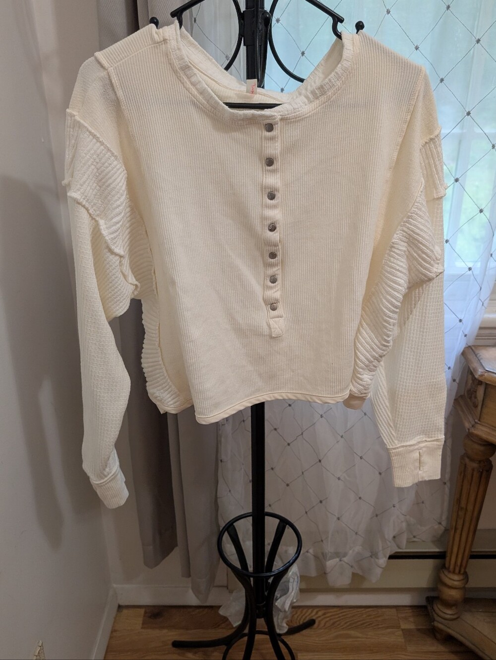 Free People Cream Waffle Henley Long Sleeve Top Size XS